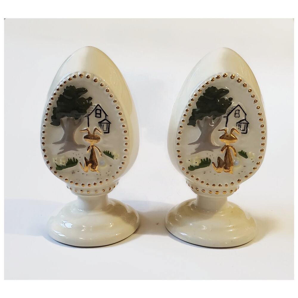 Vintage Easter Bunny Ceramic Egg On Pedestal Set of Two Holiday Decor